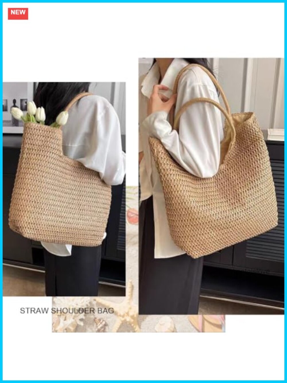Straw Woven Beach Tote Bag Large Shoulder Handbags for Vacation - Picture 6 of 6